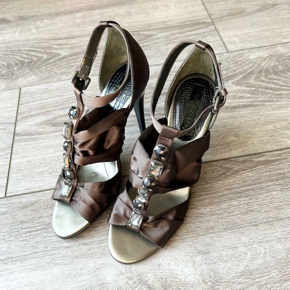 BCBGMAXAZRIA Brown Satin Jeweled Upper Strappy Sandals - Picture 2 of 14